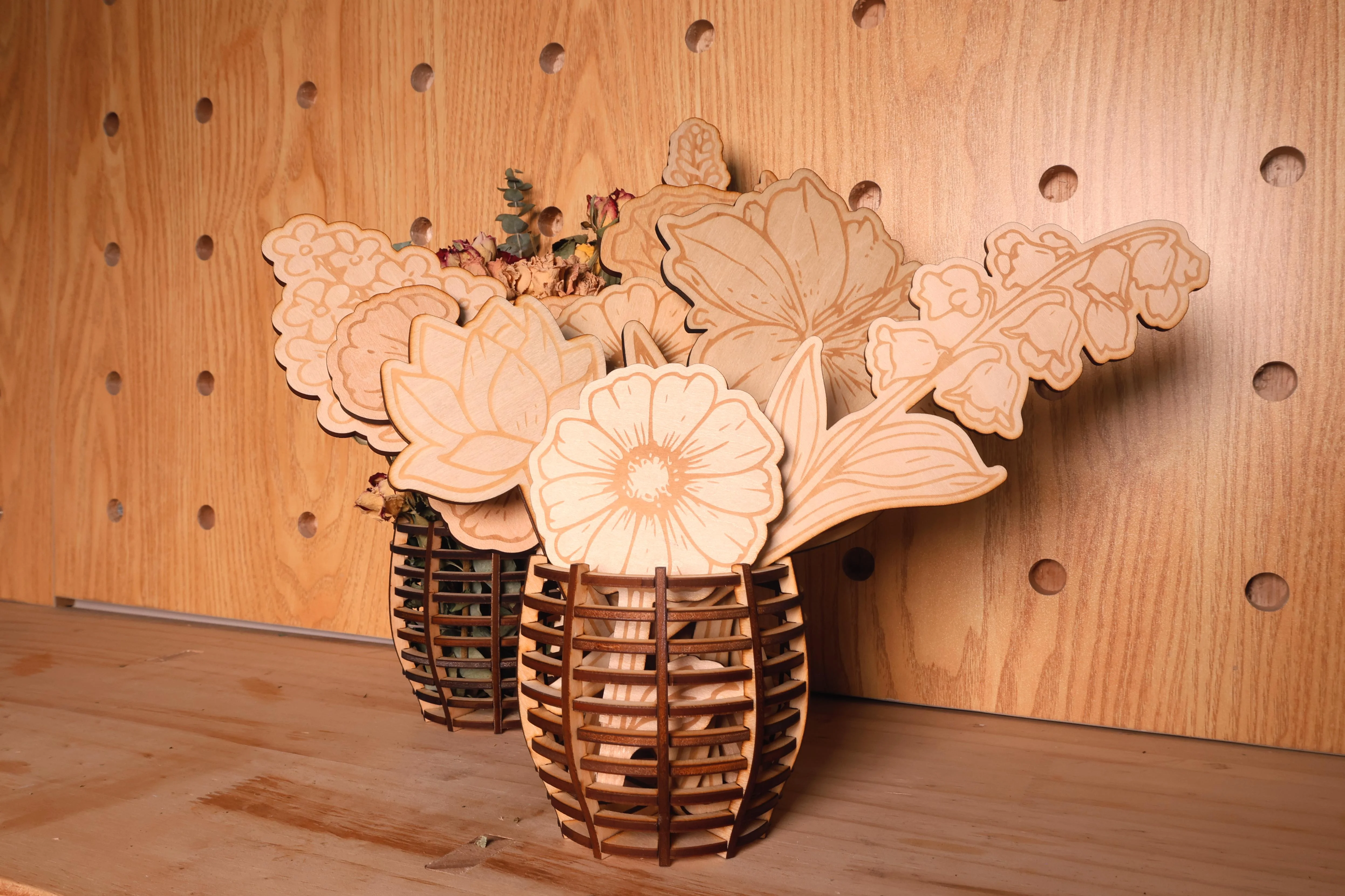 Wooden Flower & Vase