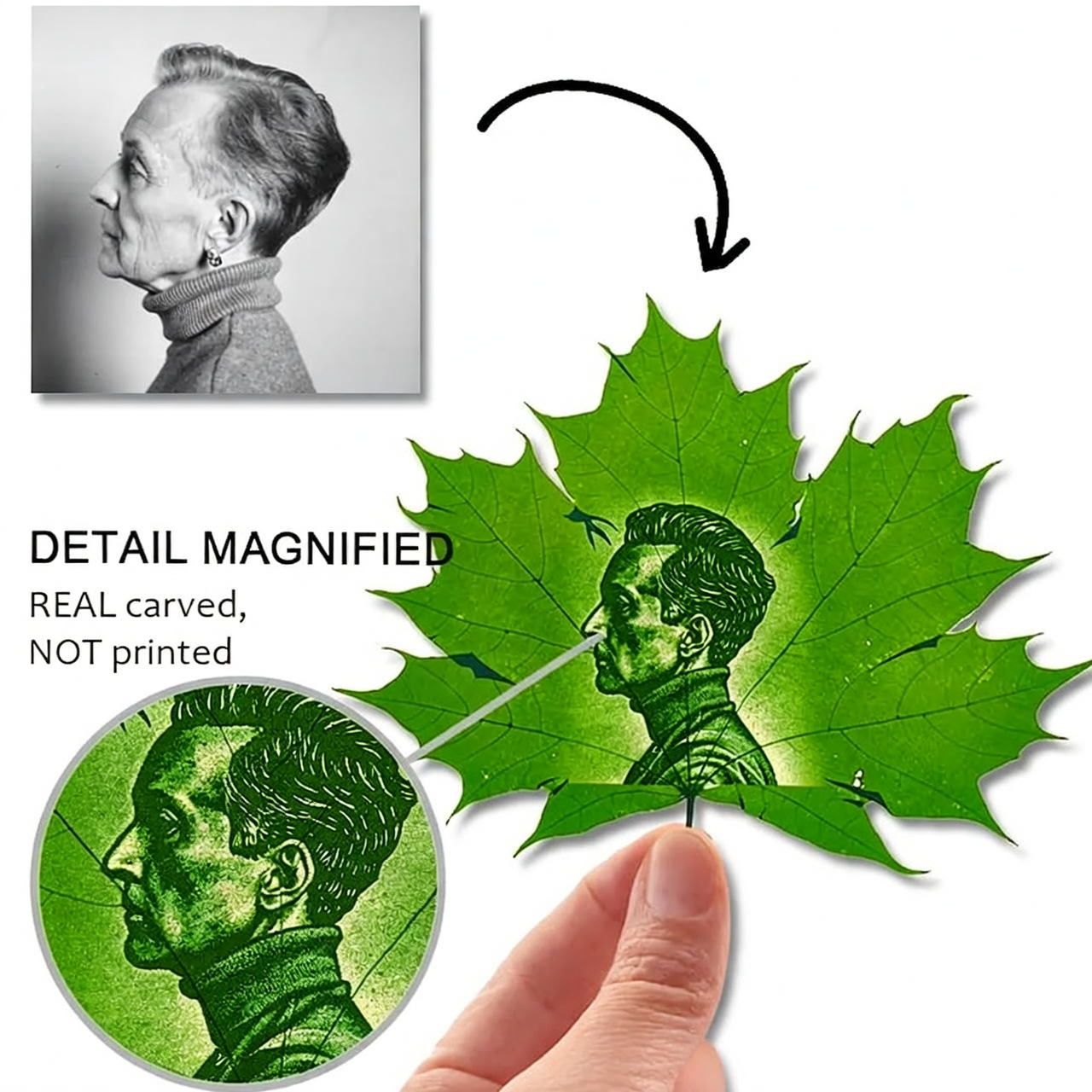 laser engraved photo on leaves