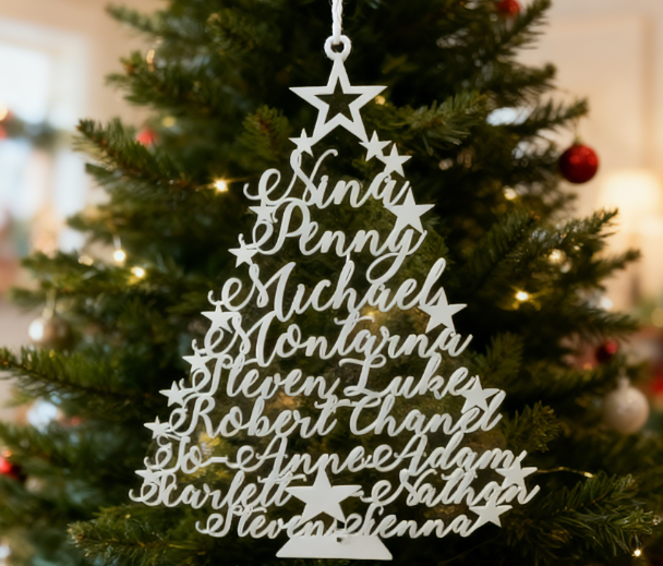 Laser cut family name Christmas ornaments