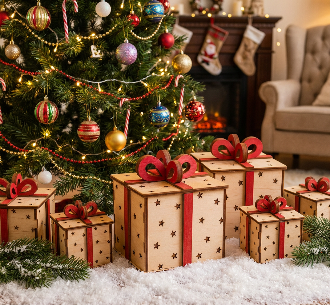 Laser cut wooden Christmas gift boxes