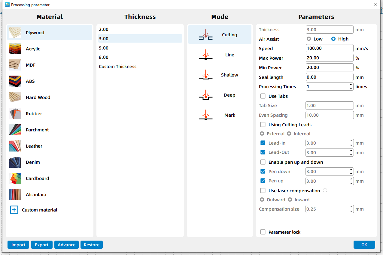 A parameter library in Thunder Lasermaker