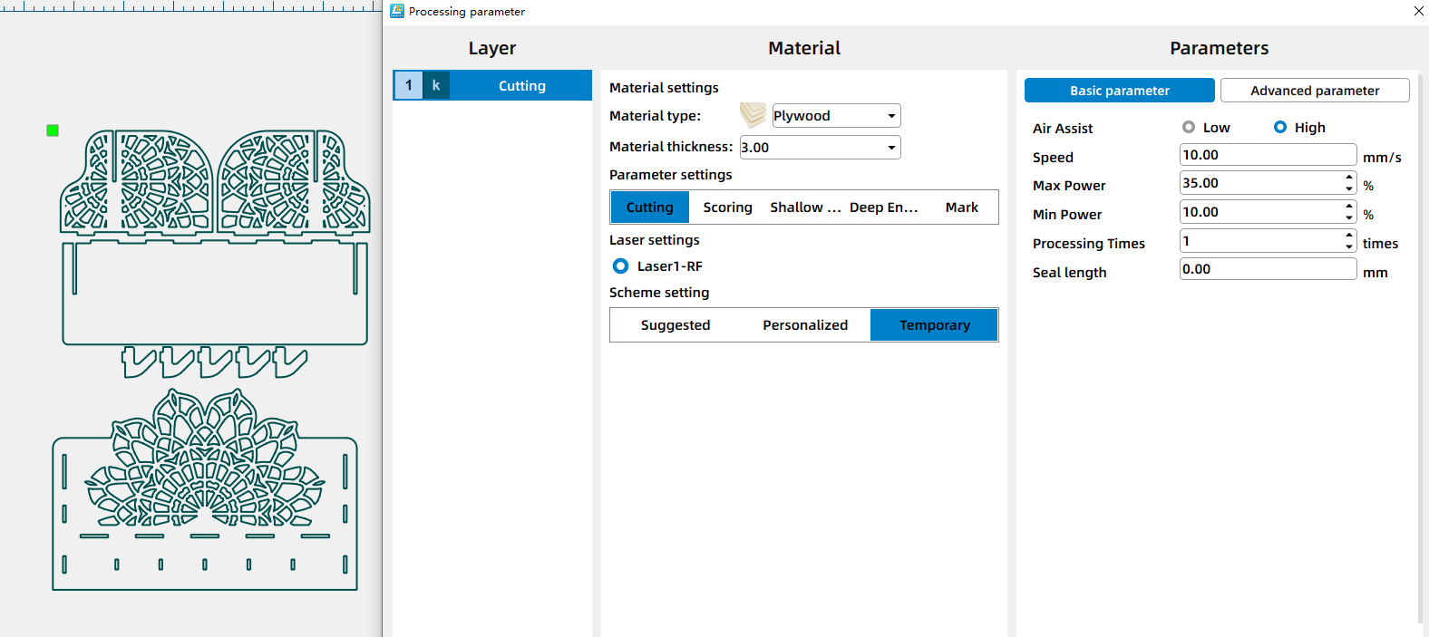 parameters for laser cutting a key hanger.png